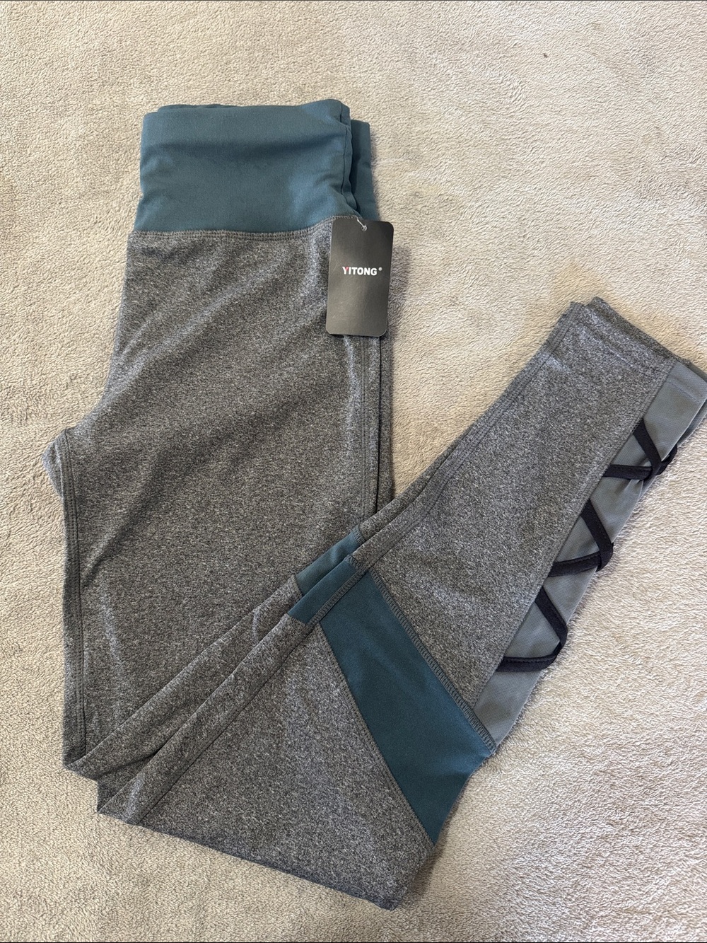 YITONG Women's Gray Leggings with Teal Accent Panels M/L
